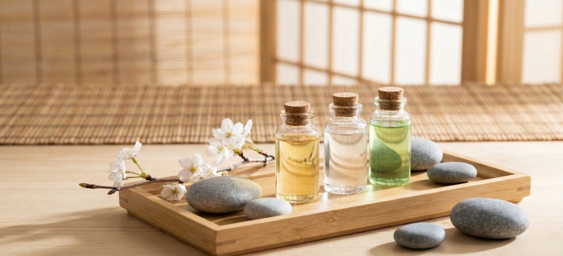 Composition zen pour massage avec trois flacons d'huiles (jaune, incolore, verte), pierres lisses et fleurs de cerisier sur un plateau en bambou.