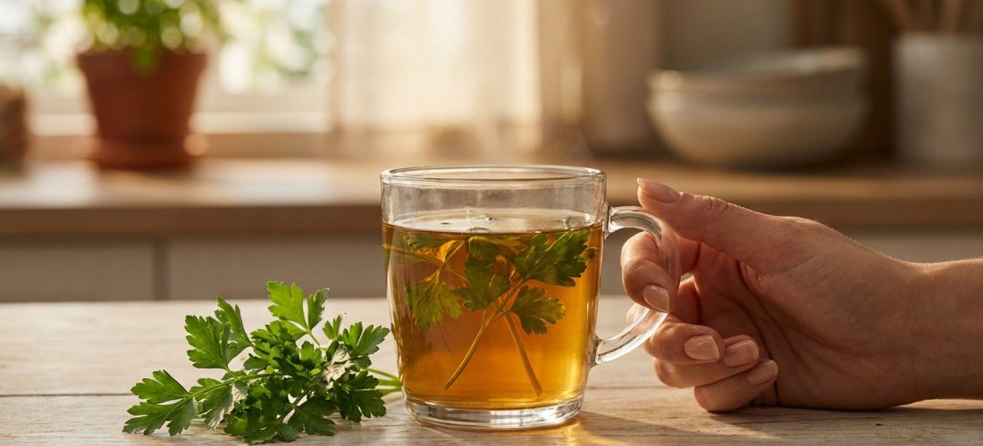 Main féminine tenant une tasse de tisane chaude au persil frais sur une table en bois. Vapeur s'échappant.