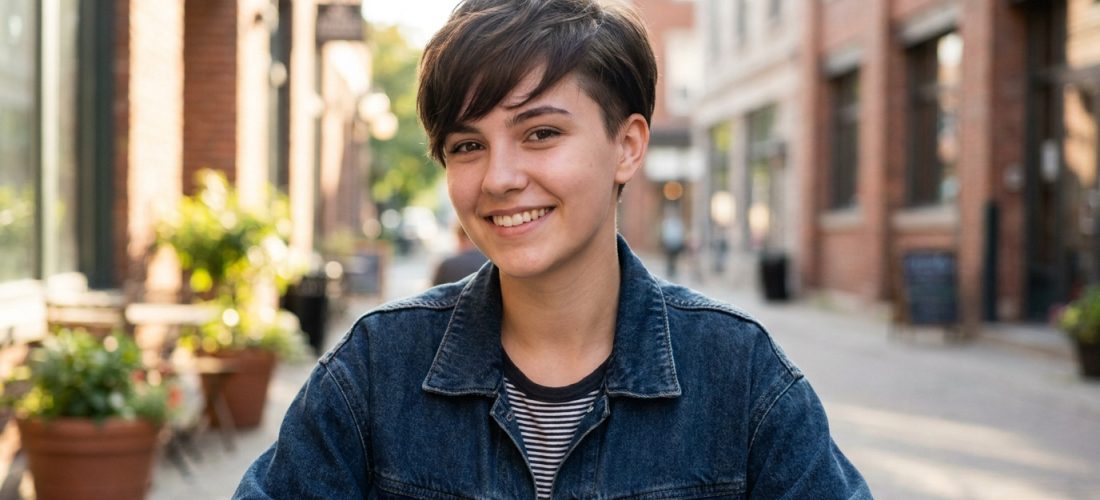 Jeune fille souriante avec une coupe garçonne moderne et une veste en jean dans une rue piétonne.