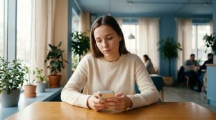 Jeune femme pensive devant son smartphone dans un café lumineux. Elle porte un pull crème, son regard est baissé vers l'écran.