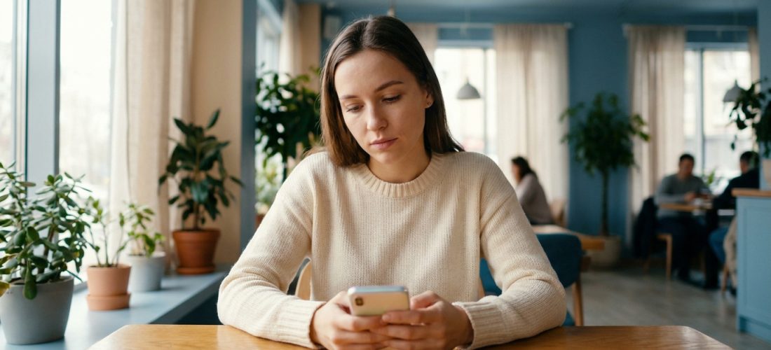 Jeune femme pensive devant son smartphone dans un café lumineux. Elle porte un pull crème, son regard est baissé vers l'écran.