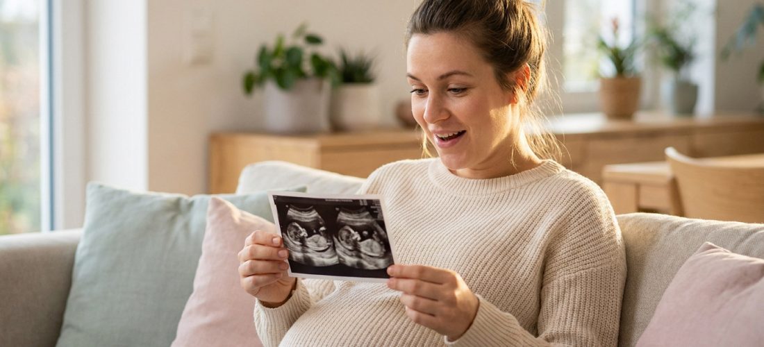 Femme enceinte souriante assise sur un canapé, regardant avec surprise et joie une échographie de jumeaux qu'elle tient.