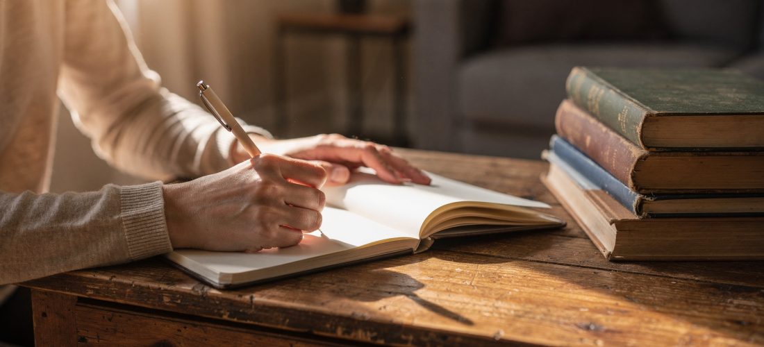 Mère écrivant des prénoms dans un carnet ouvert