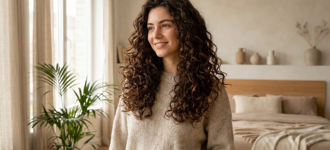 Jeune femme souriante avec de longs cheveux bruns très bouclés dans une chambre lumineuse et minimaliste.