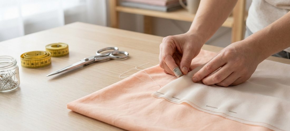 Gros plan sur des mains cousant deux tissus avec une aiguille et un dé. Des ciseaux et rubans à mesurer sont sur la table en bois.