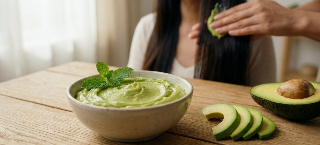 Femme appliquant un masque capillaire à l'avocat sur ses cheveux longs, avec un bol de masque et des avocats coupés sur une table.