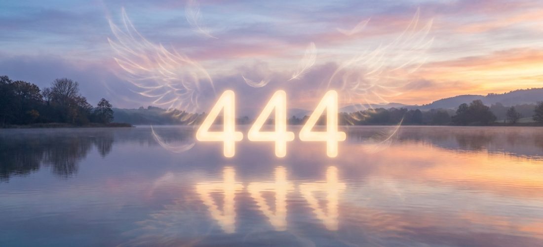 Le nombre lumineux 444 et des ailes d'ange flottent au-dessus d'un lac calme, reflétés dans l'eau, sous un ciel aux couleurs de l'aube ou du crépuscule.