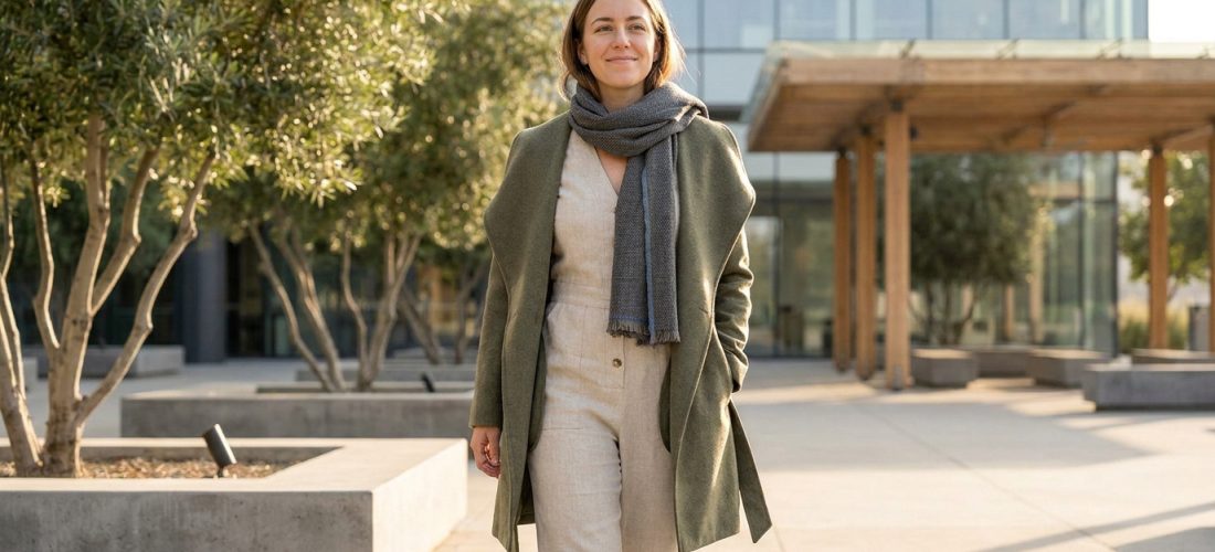 Femme souriante en manteau kaki, combinaison beige et écharpe grise, marchant dans un jardin urbain moderne aux arbres d'oliviers.