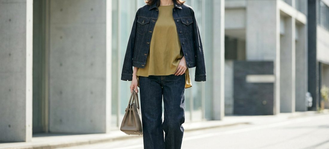 Femme souriante en veste jean, top kaki, pantalon jean large et sac taupe, marchant élégamment en ville.