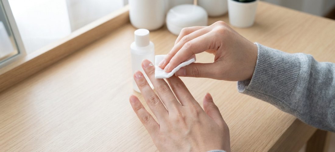 Gros plan sur des mains nettoyant les ongles avec un coton imbibé, pour retirer de la colle. Bouteille de produit sur table en bois.
