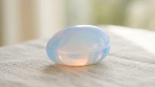 Une pierre d'opaline (ou opalite) polie, de forme ovale et lisse, posée sur un tissu clair. Elle diffuse des reflets bleutés, rosés et orangés translucides.