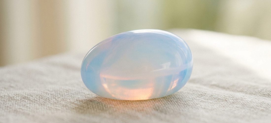 Une pierre d'opaline (ou opalite) polie, de forme ovale et lisse, posée sur un tissu clair. Elle diffuse des reflets bleutés, rosés et orangés translucides.