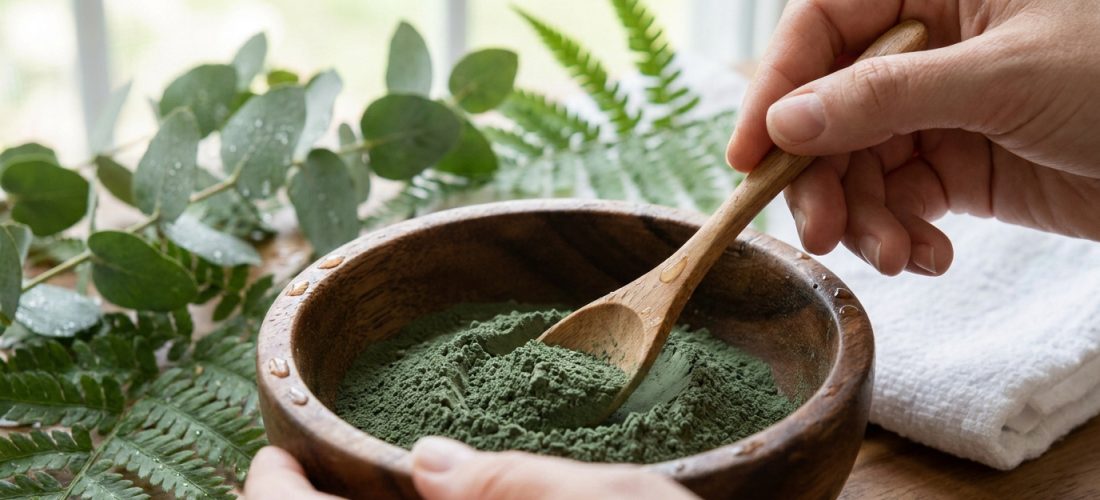 Mains mélangeant de l'argile verte en poudre dans un bol en bois avec une cuillère, entouré de feuilles vertes et d'une serviette.
