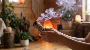 Des mains tiennent un bâton de sauge blanche allumé, d'où s'échappe une fumée violette ondulante. Ambiance intérieure boisée et chaleureuse.