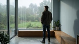 Homme debout, dos à l'objectif, regardant la nature verdoyante par une grande fenêtre vitrée, ambiance contemplative.