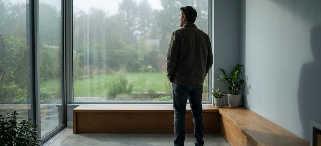 Homme debout, dos à l'objectif, regardant la nature verdoyante par une grande fenêtre vitrée, ambiance contemplative.