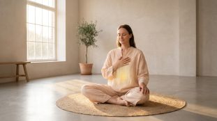 Femme en méditation sur un tapis de paille, les mains sur le plexus solaire avec une lueur jaune. Lumière douce, ambiance sereine.