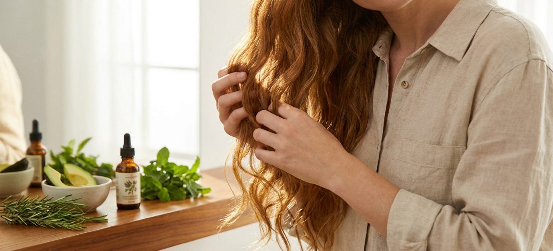Une femme aux cheveux ondulés roux touche ses mèches. Sur un comptoir, huiles capillaires, avocat, romarin et menthe pour la pousse.