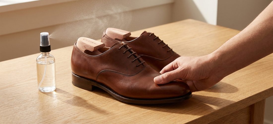 Une main touche une chaussure en cuir marron avec embauchoir, tandis qu'une bouteille pulvérise un produit pour l'assouplir sur la table en bois.
