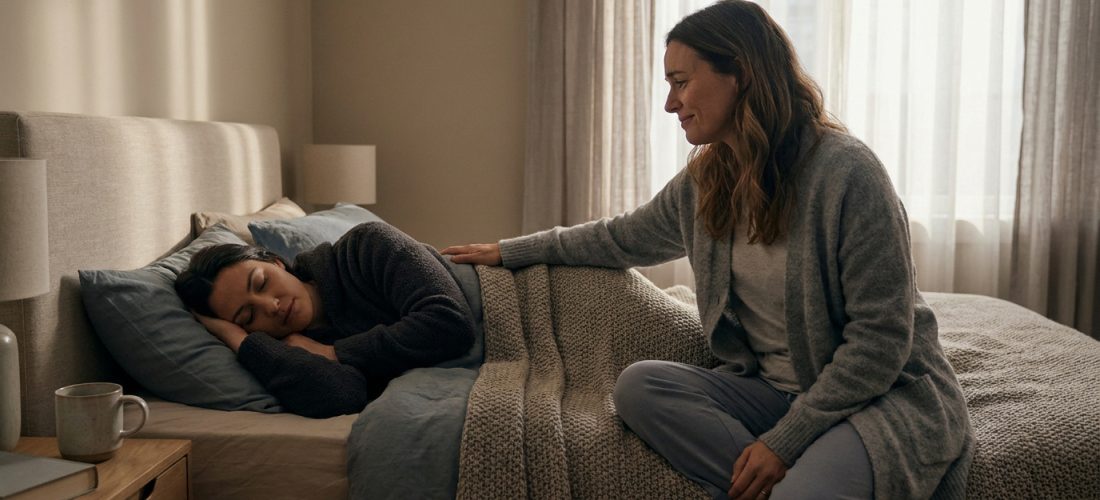 Dans une chambre, une femme assise sur le lit observe sa partenaire endormie, posant une main douce sur son dos. Scène de tendresse.