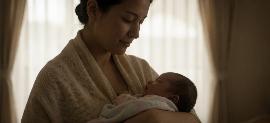 Jeune mère tenant délicatement son nouveau-né endormi dans ses bras, le visage tourné vers l'enfant, dans une pièce éclairée.